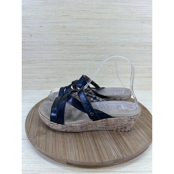 Crocs A-Leigh Black Leather Cork Wedge Sandals Womens Size 7 - Picture 1 of 8